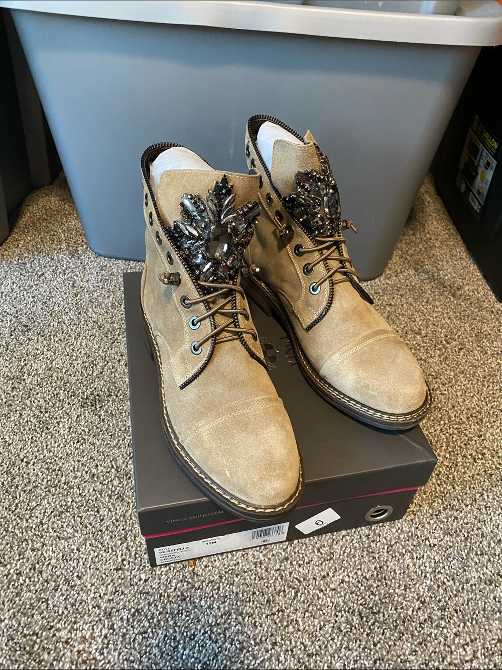 Vince Camuto Tan Suede Lace-Up Combat Boots with Crystal Accent